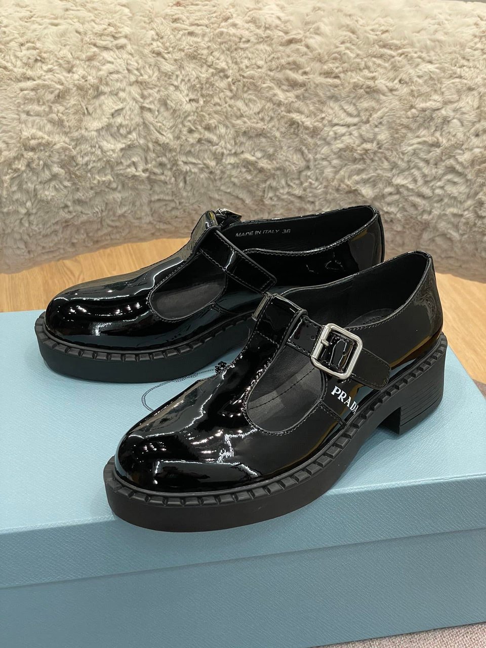 Prada Brushed Leather Mary Jane T Strap Shoes Black 2Ee372 055 F0002 view 5