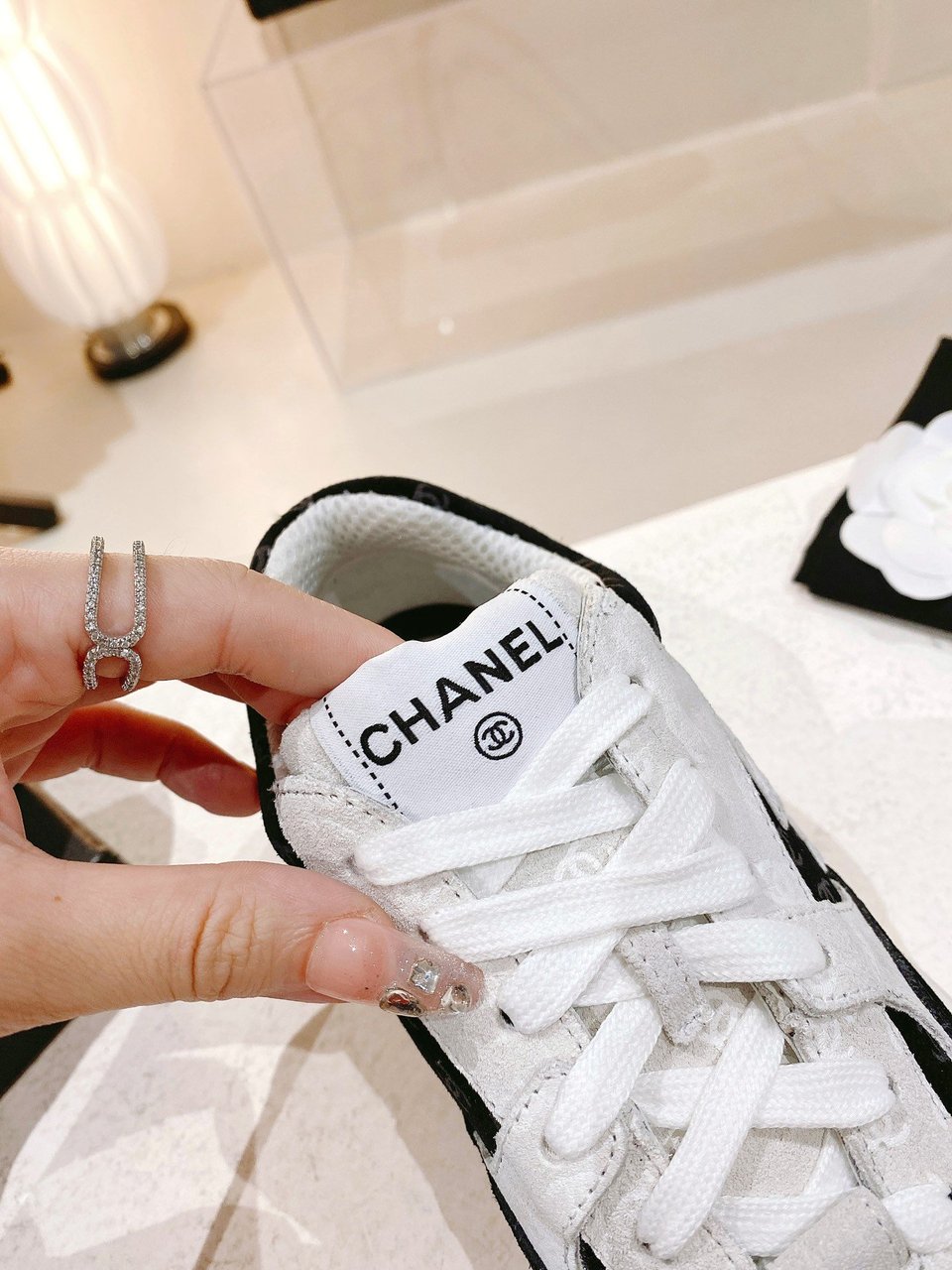 Chanel Printed Suede Calfskin Sneakers White And Black G39230 X56653 94305 view 5