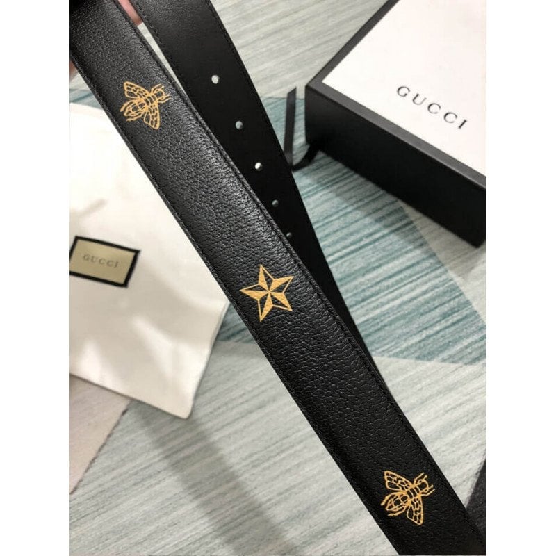 Gucci Calfskin Bees And Stars Print Belt 35mm 495125 Black Unisex view 11