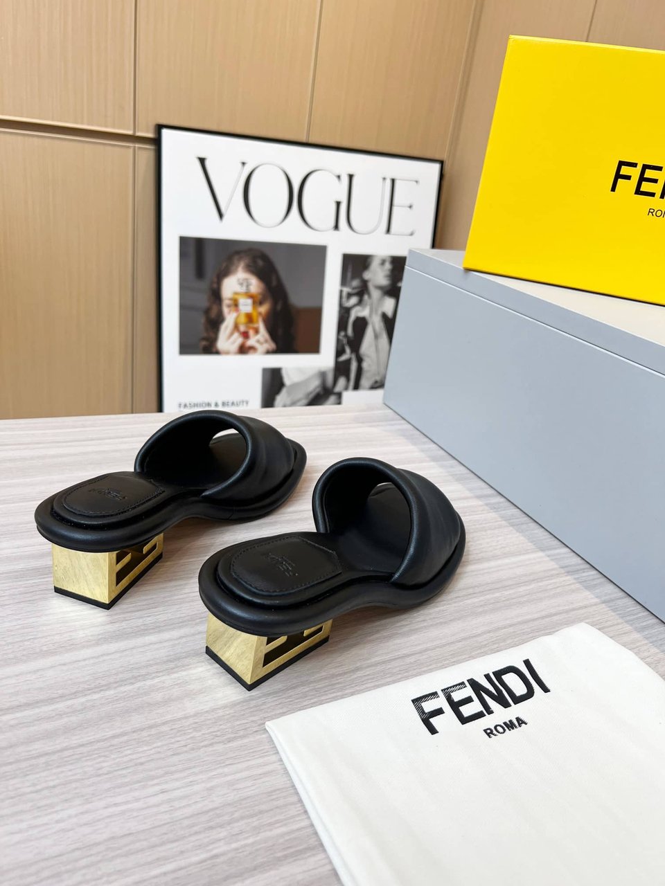 Fendi Cutout Metal Block Heel Padded Leather Sandals Black view 5