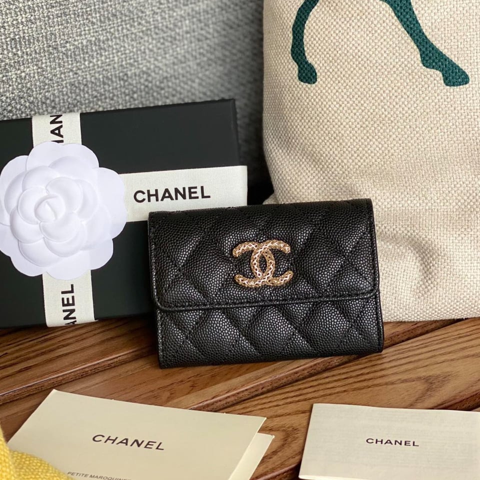 Chanel Small Wallet 11Cm Black Caviar Light Gold Hardware