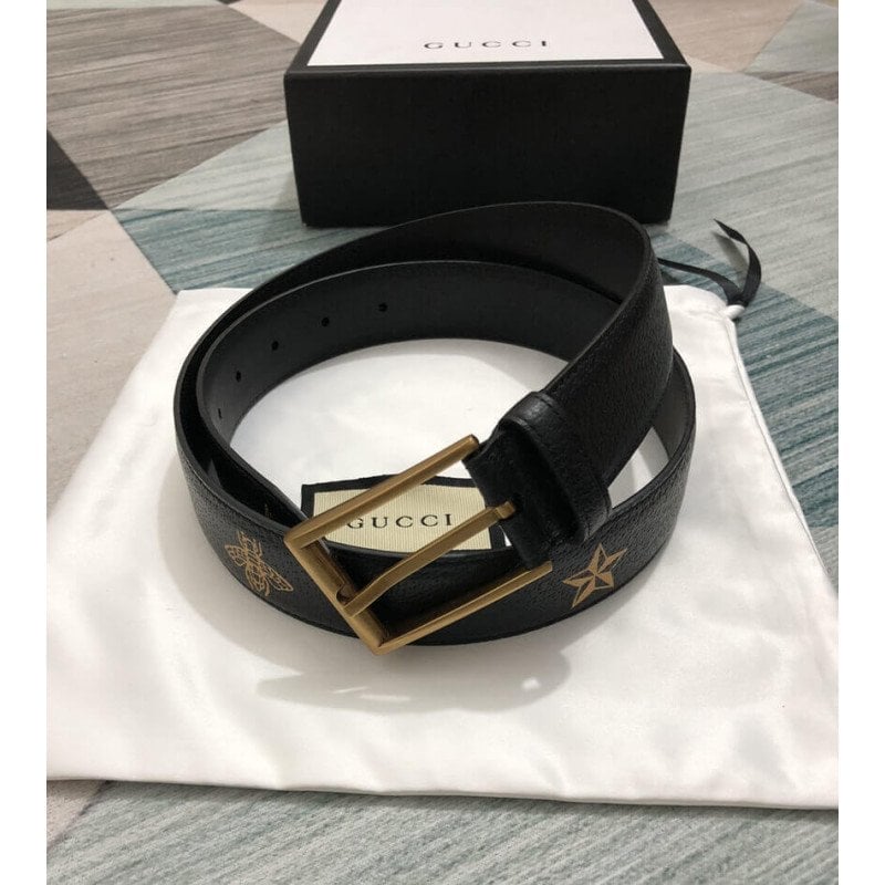 Gucci Calfskin Bees And Stars Print Belt 35mm 495125 Black Unisex view 13