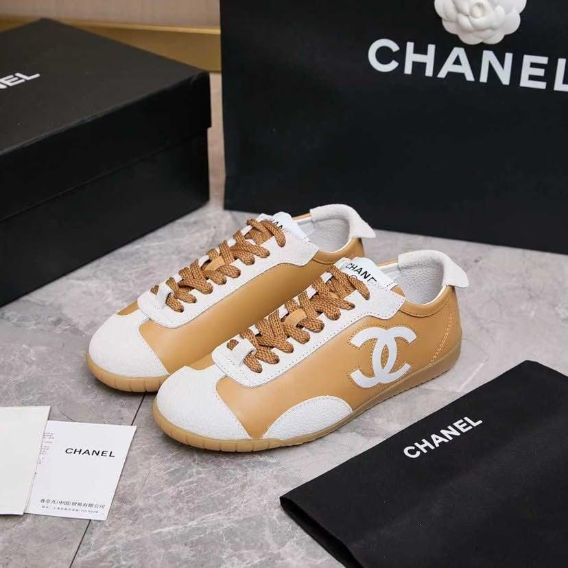 Chanel Calfskin Suede Sneakers with White CC Logo Beige Camel White &amp; Gum G39860 view 8