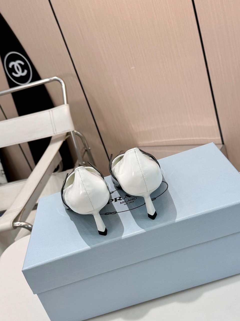 Prada Two Tone Toe Kitten Heels In Black And White view 3