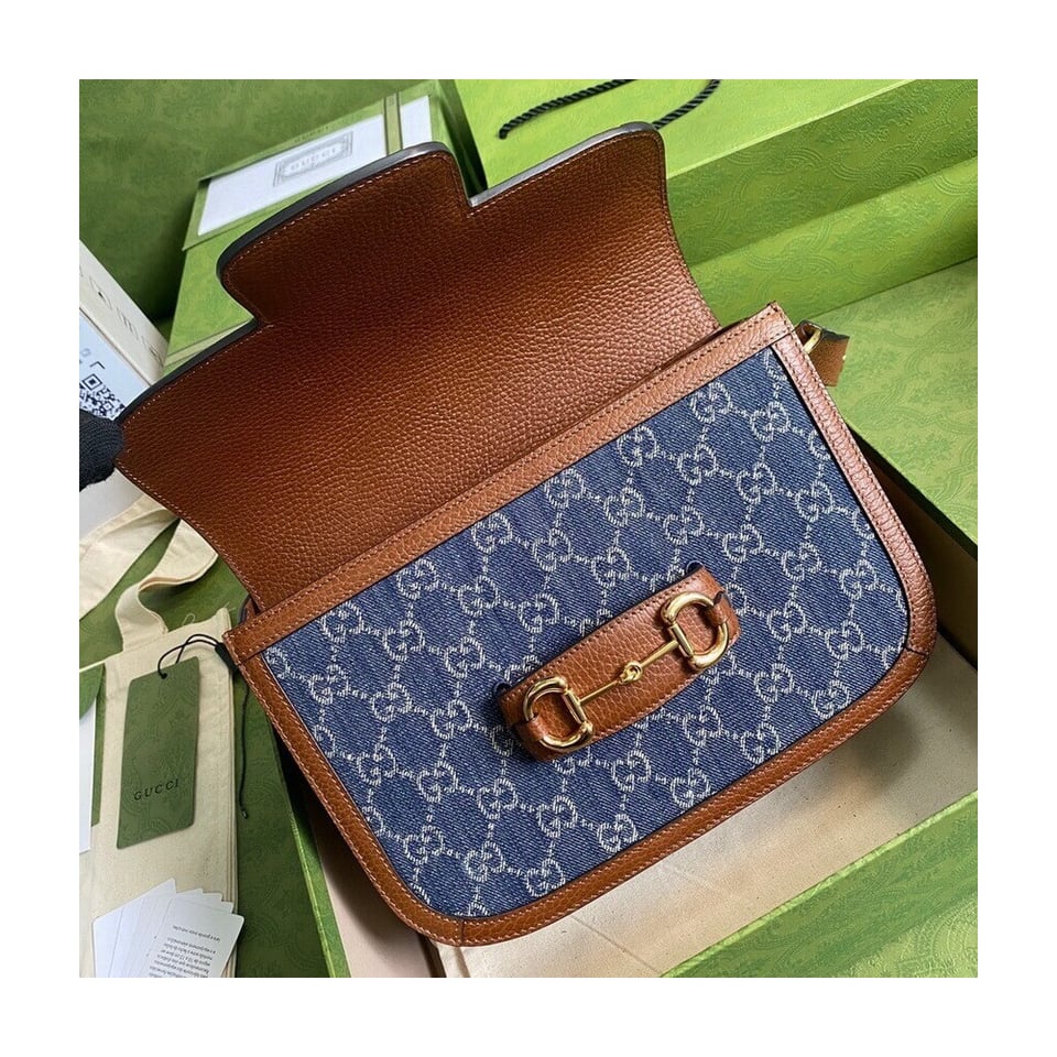 Gucci Horsebit 1955 Small Bag in Blue Denim view 8