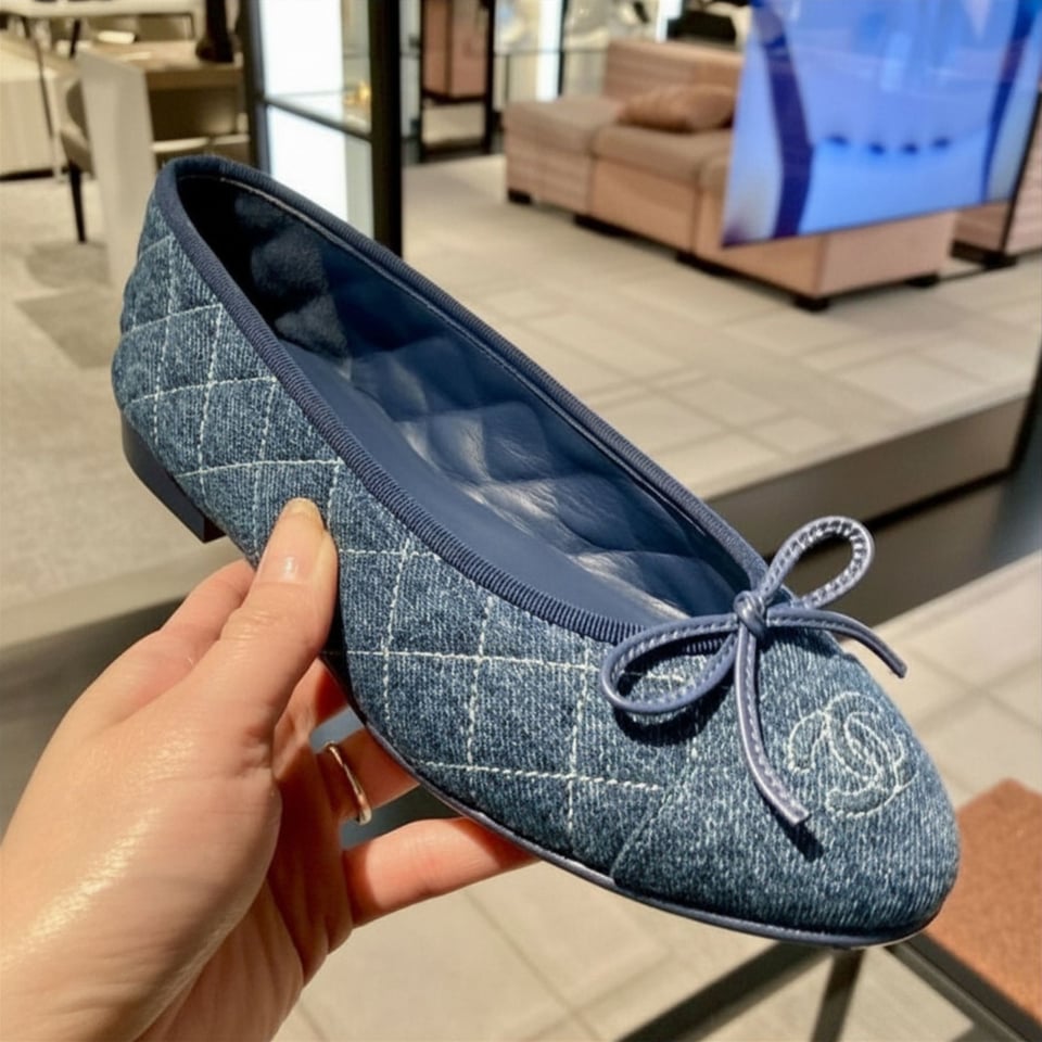Chanel Quilted Denim Ballerina Flats Blue Denim G02819 view 2