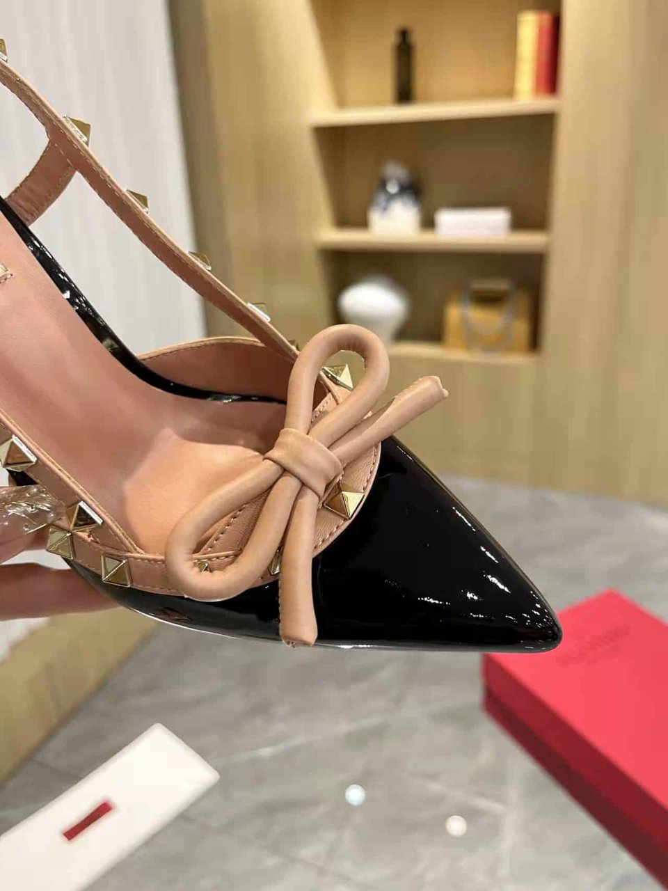 Valentino Rockstud Bow 100 Patent Slingback Pump Black Pink view 3