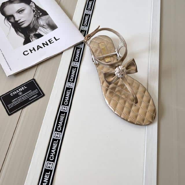 Chanel Gold Quilted Leather With White Camellia Cc Logo Bow Thong Sandals view 5
