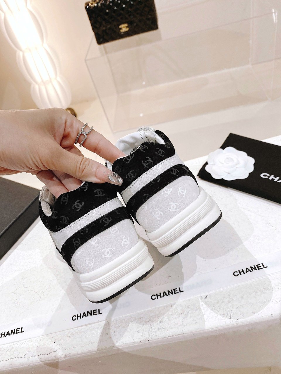 Chanel Printed Suede Calfskin Sneakers White And Black G39230 X56653 94305 view 6