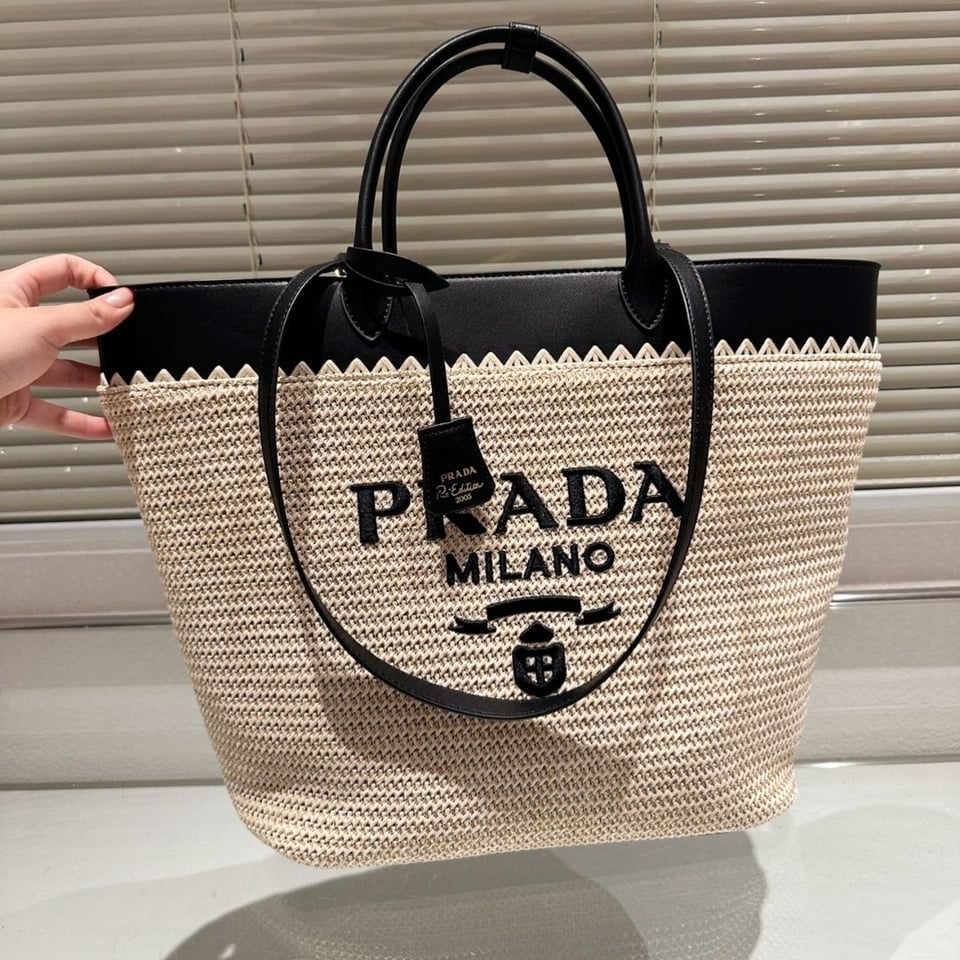 Prada Crochet And Leather Tote Bag Tan And Black 33Cm view 5