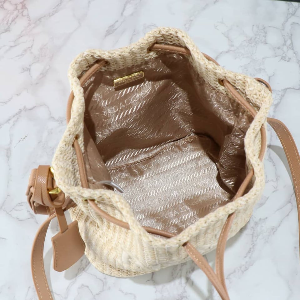 Prada Crochet And Leather Bucket Bag Natural 24Cm view 5