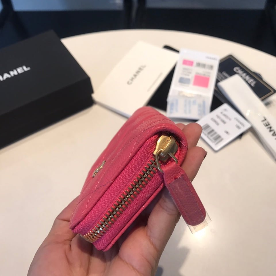 Chanel Zipped Coin Basic Purse 11 Red Pink Calfskin Gold Icon view 10