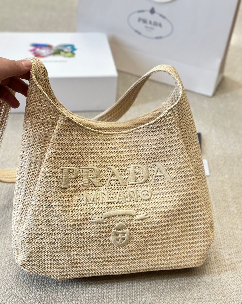 Prada Logo Embossed Raffia Shoulder Bag Beige 33Cm view 6