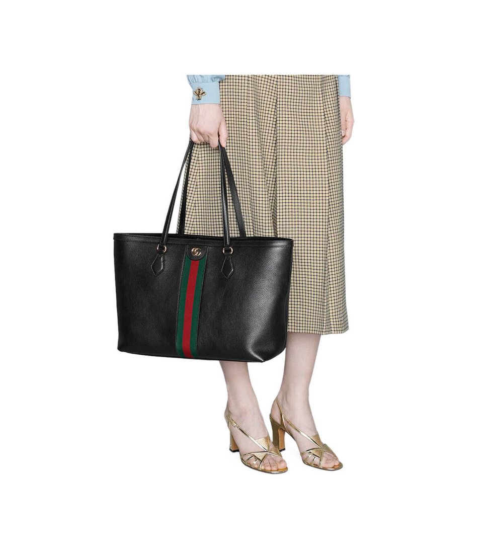 Gucci Ophidia Black Leather Tote Bag with Web Stripe 38cm/15in view 4