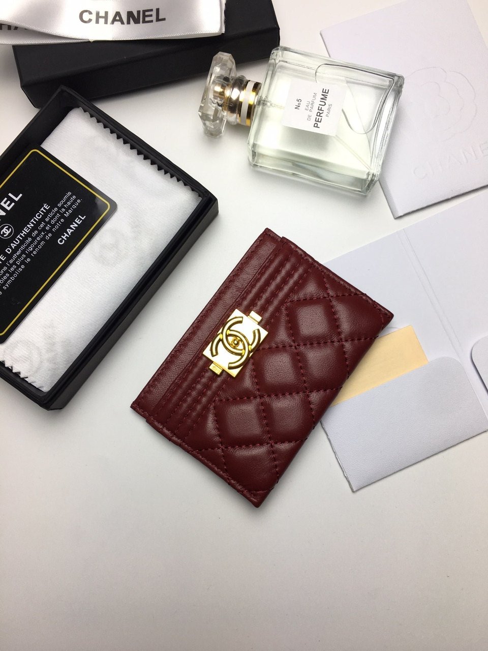 Chanel Boy Card Holder 11.2 Garnet Calfskin Gold Icon view 3