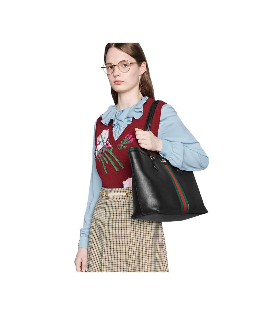 Gucci Ophidia Black Leather Tote Bag with Web Stripe 38cm/15in view 3