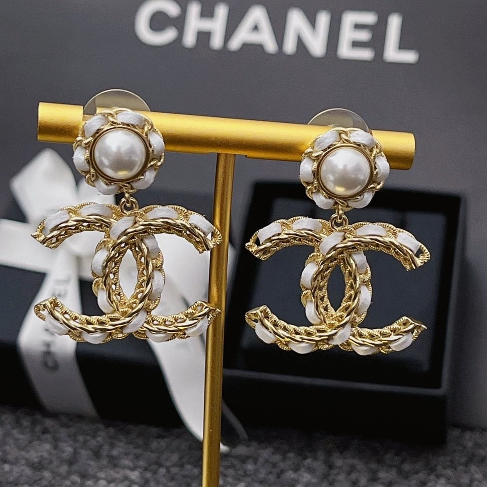 Chanel White Leather And Gold Metal Earrings view 4