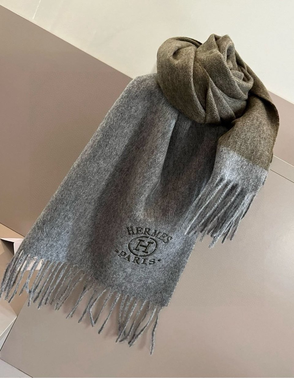 Hermes Cashmere Scarf Colorblock Brown Grey For Women 180cm view 3