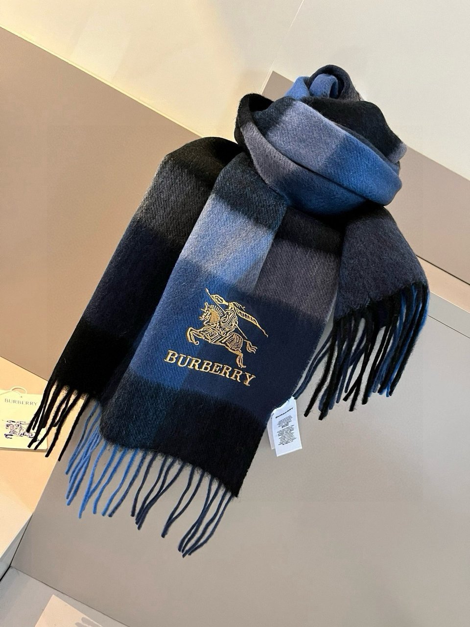 Burberry Cashmere Scarf Checkered Blue For Women 180cm view 4