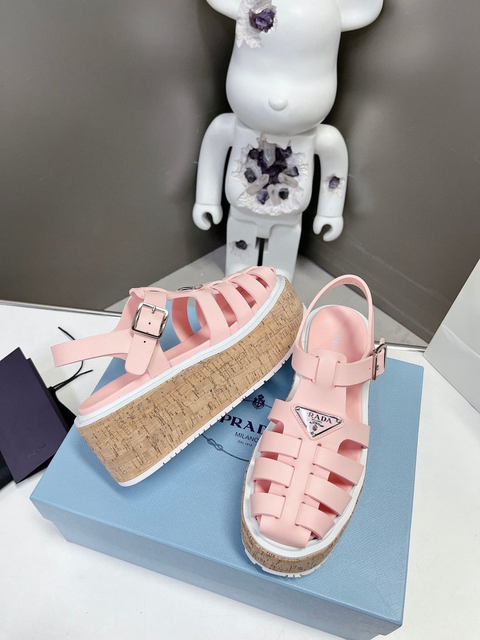 Prada Rubber Wedge Platform Sandals Light Pink view 4