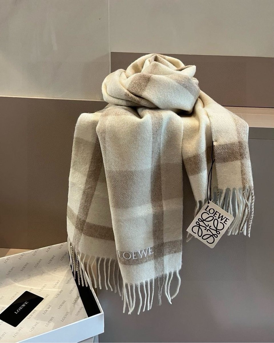 Loewe Cashmere Scarf Check Beige White For Women 180cm