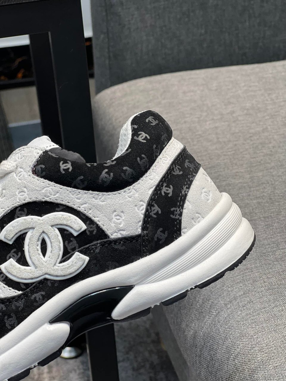 Chanel Cc Embossed Logo Suede Black White view 8