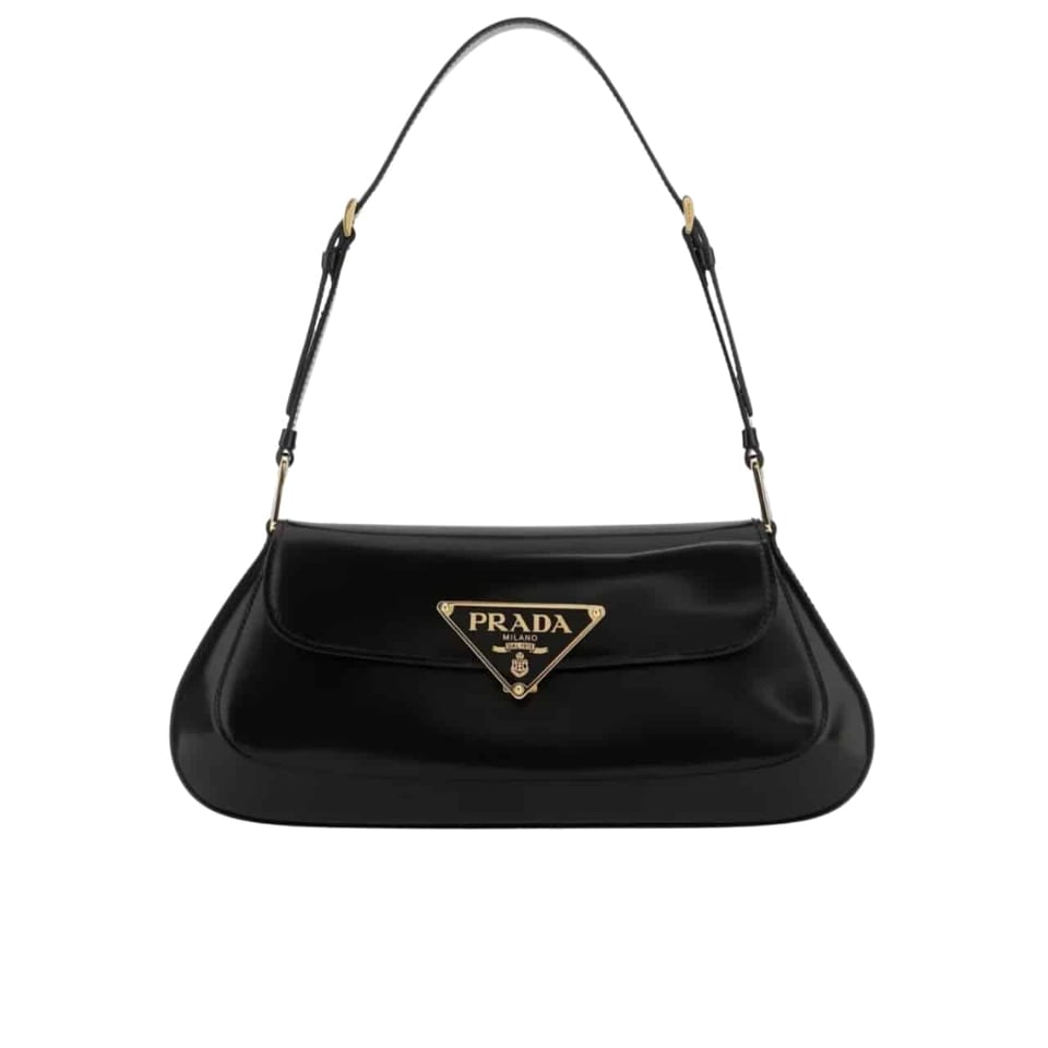 Prada Cleo Bag In Brushed Leather With Triangle Logo Black 24Cm