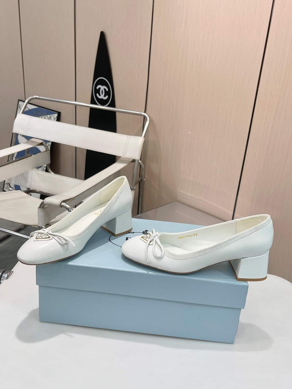 Prada Triangle Logo Bow Pump In White view 5
