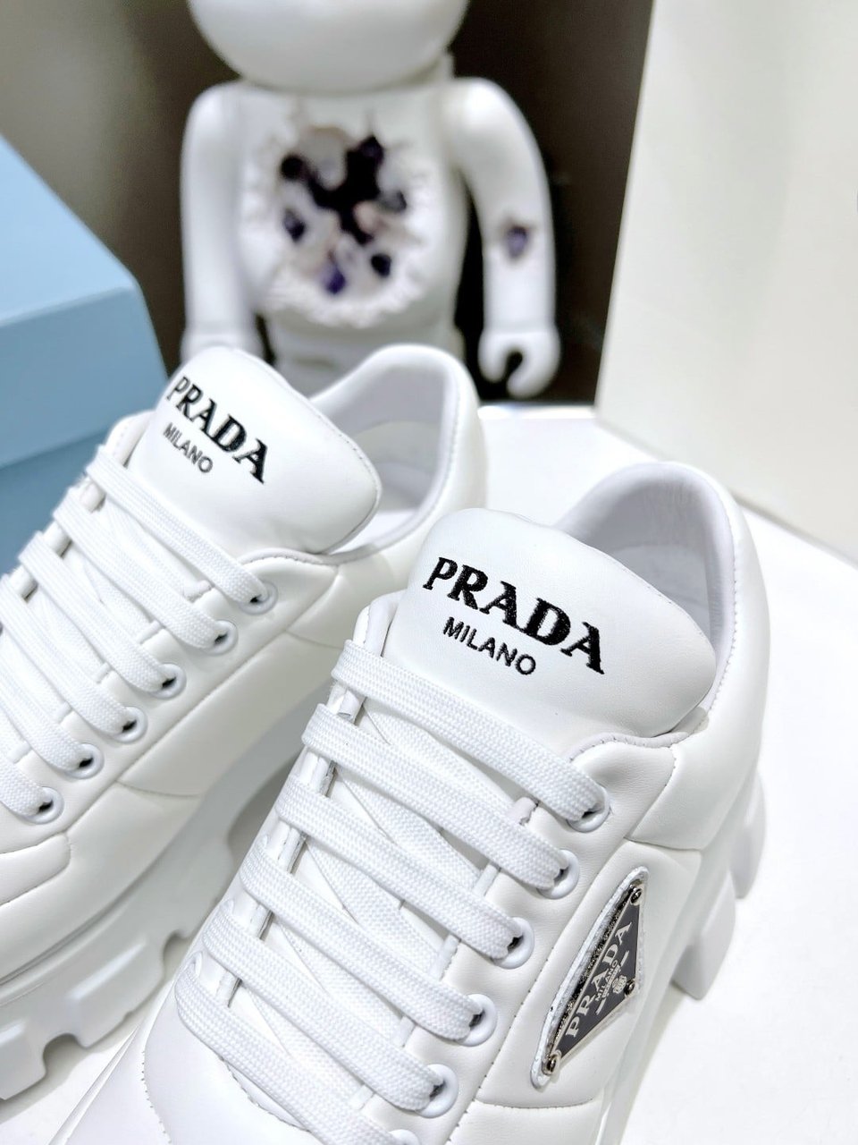 Prada Soft Padded Nappa Leather Lace Up Shoes White view 4