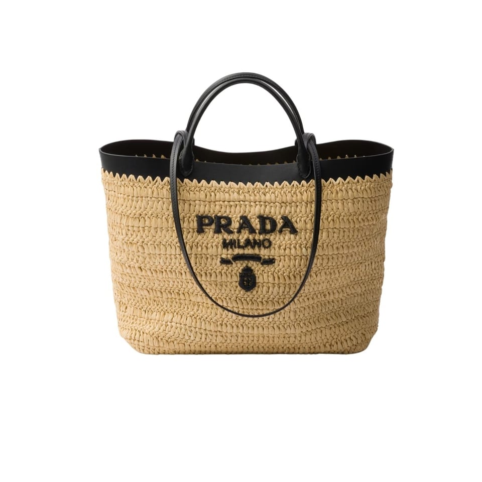 Prada Crochet And Leather Tote Bag Tan And Black 33Cm view 2