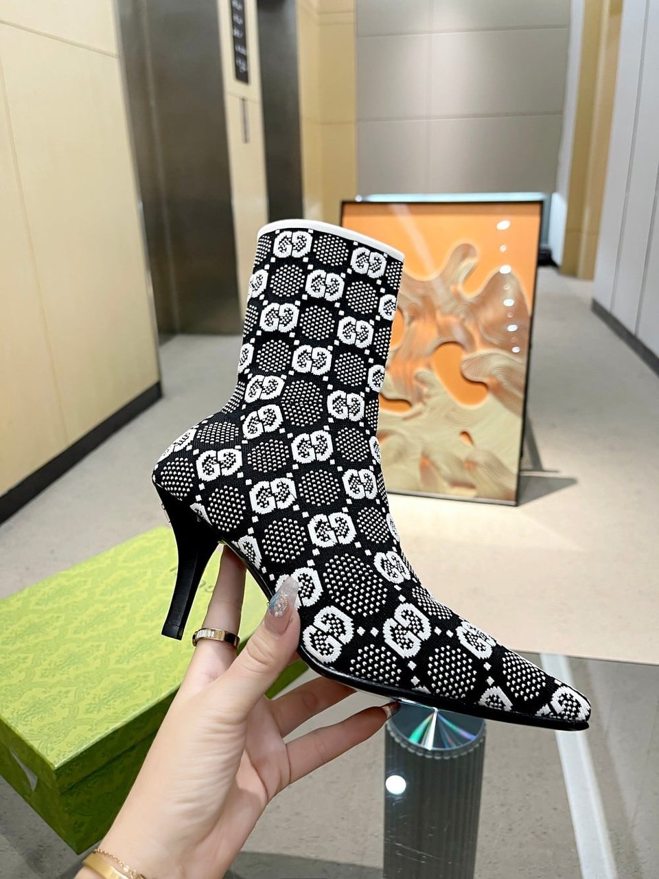 Gucci Gg 75Mm Knit Ankle Boots Black White Fabric 718378 Faaqp 1008 view 9
