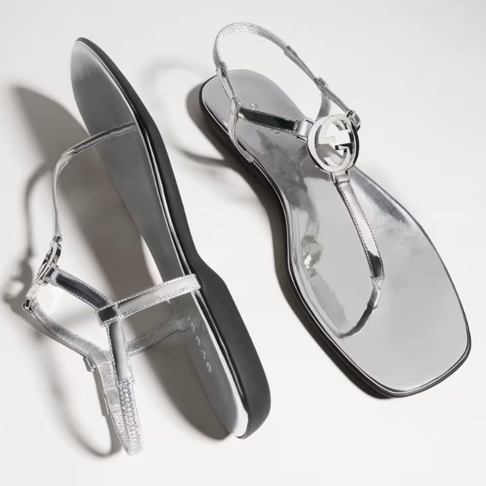 Gucci Thong Sandal With Interlocking G Metallic Silver Leather ‎874699 For Women view 2