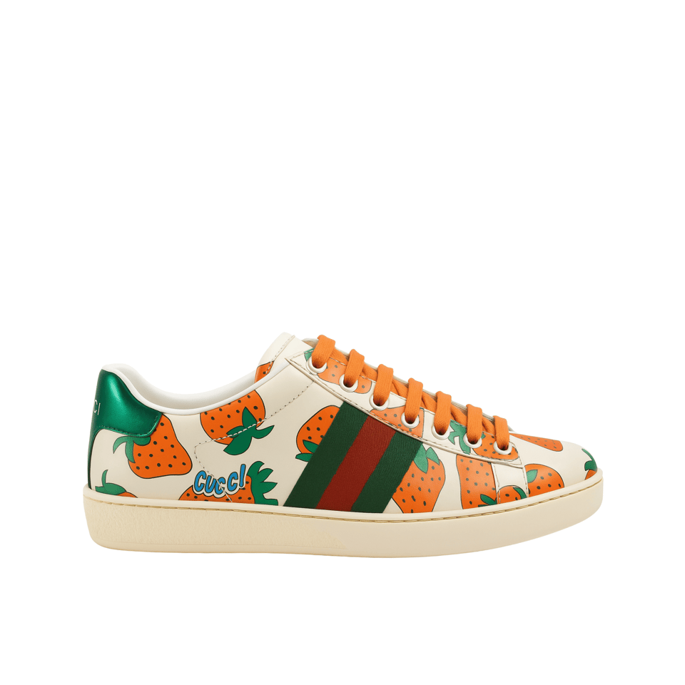 Gucci Ace Leather Sneaker With Strawberry Print 387993 08L30 9262 view 2
