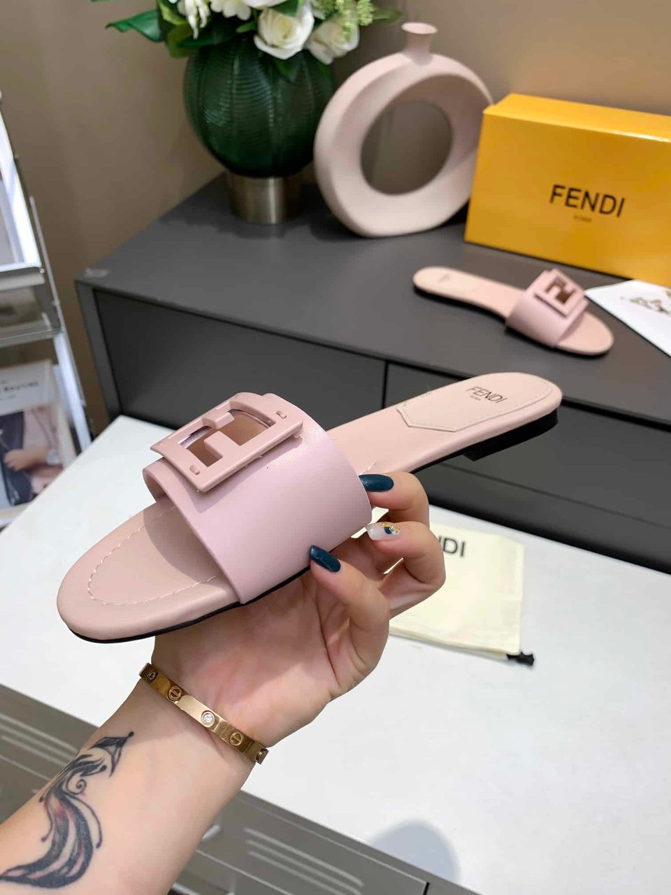 Fendi Signature Leather Sandals Slide Pink 8R8136Ae7Tf1Fgd view 7