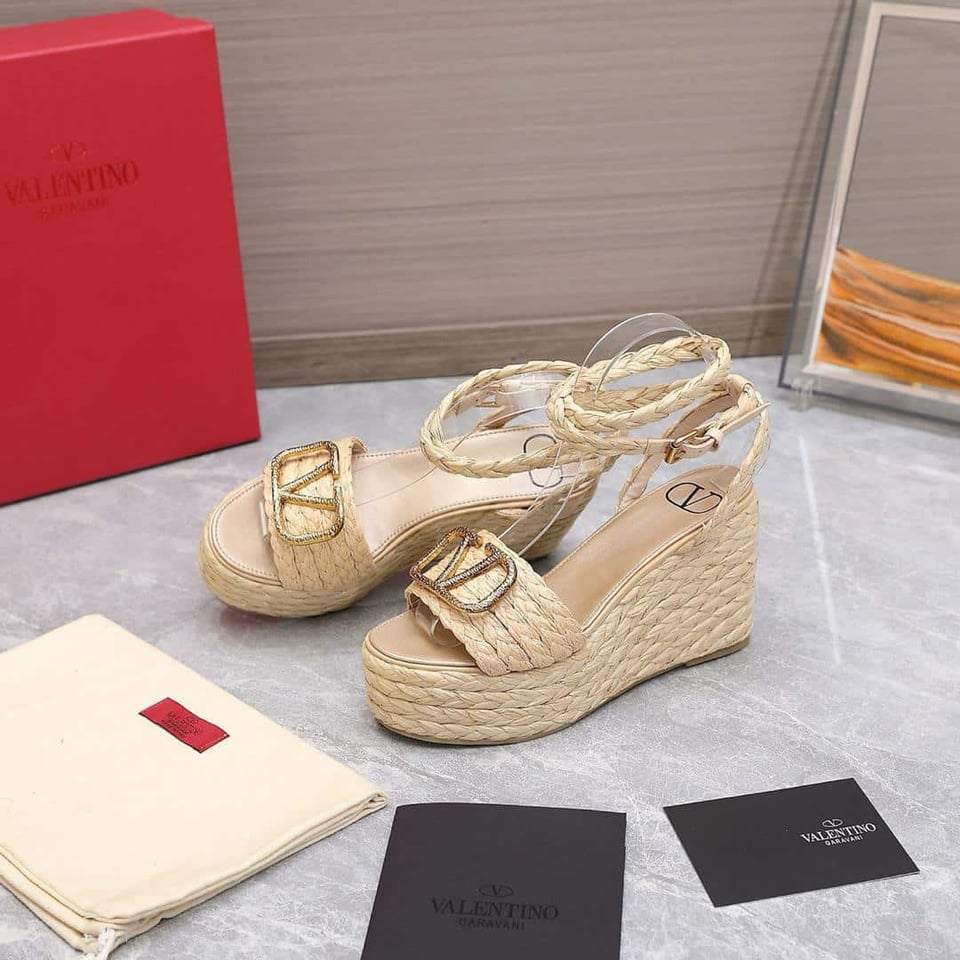 Valentino Garavani Vlogo Raffia Platform Wedge Sandals Natural view 4
