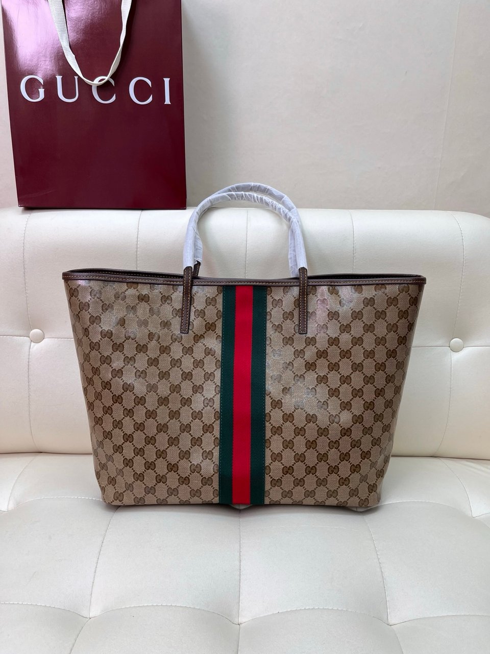 Gucci Tribeca Large Tote Bag 38cm/15in Sand And Brown GG Canvas 874745 view 4