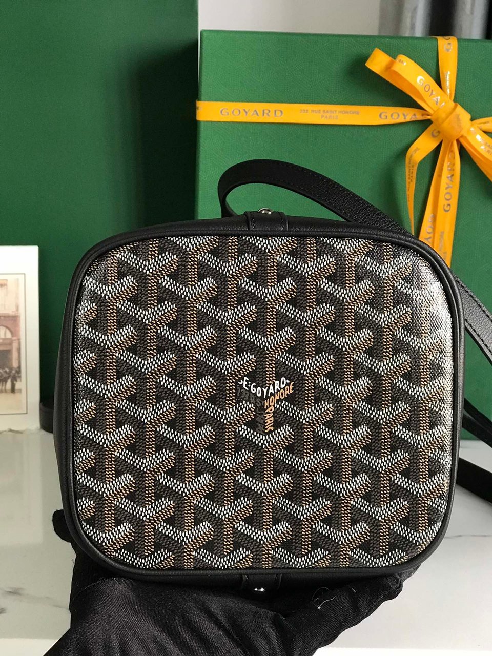 Goyard Petit Flot Bucket Bag 22 Cm Black Goyardine Canvas And Lambskin Trim view 8