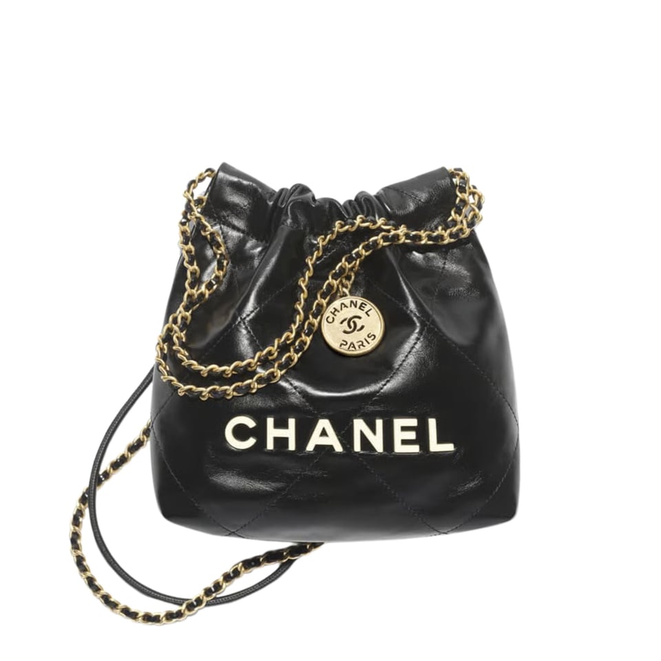 Chanel Mini 22 Handbag Shiny Calfskin &amp; Gold Metal Black 20cm