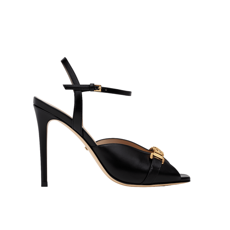 Gucci Metal Chain Stiletto Heels Flip Flop Fish Mouth Sandals Black view 2