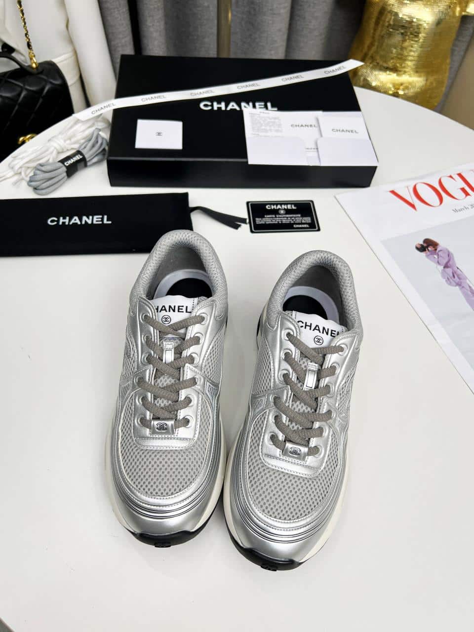 Chanel 23C Silver Metallic Cc Logo Lace Up Flat Runner Trainer Sneaker Gray view 8
