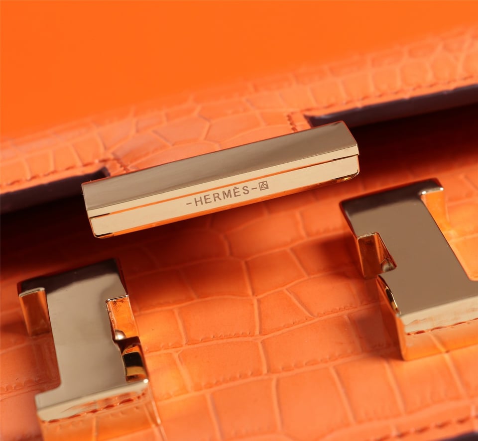 Hermès Mini Constance 19 Shiny Alligator Gold Hardware Orange 19cm / 7.5in view 7