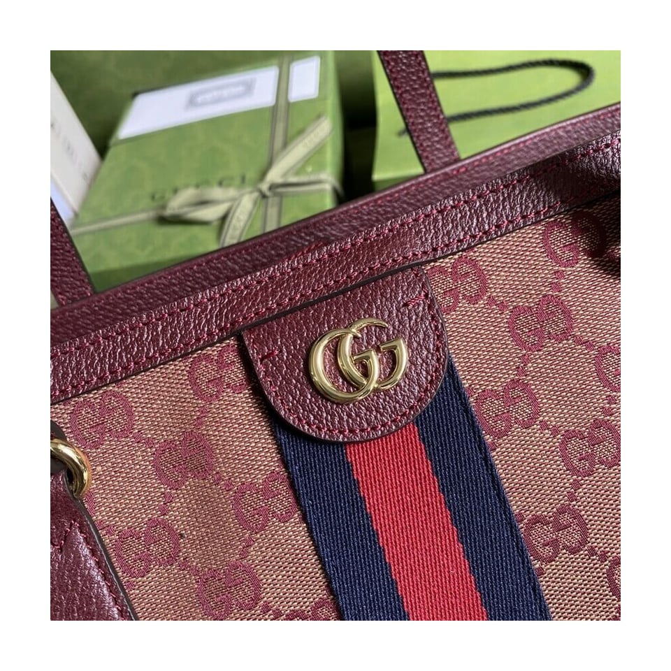 Gucci Ophidia Medium Tote With Web in Burgundy GG Canvas view 9