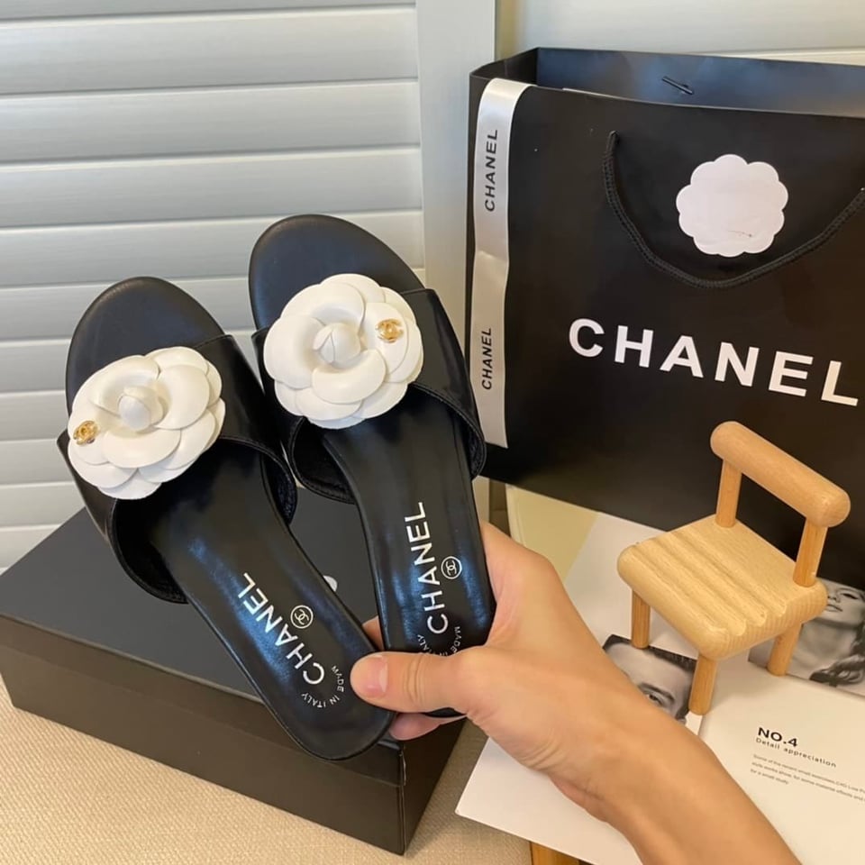 Chanel White Camellia Slides Black view 5