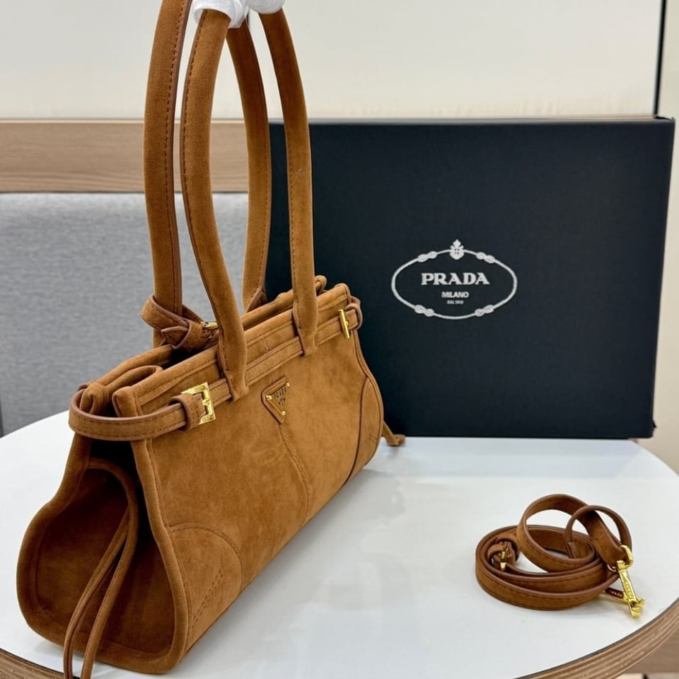 Prada Medium Suede Handbag Cinnamon 32Cm view 8