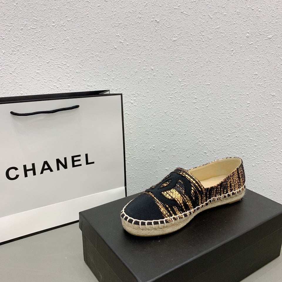 Chanel Metallic Tweed Grosgrain Cc Espadrilles Slip On Gold Black view 9