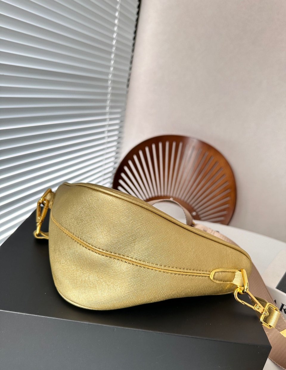 Prada Triangle Saffiano Leather Shoulder Bag Gold 28Cm view 6