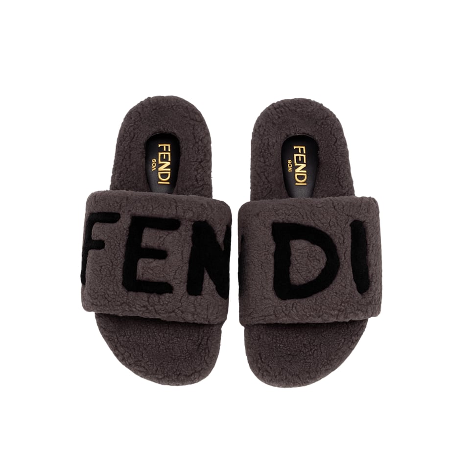 Fendi Fleece Black Text Slippers Grey