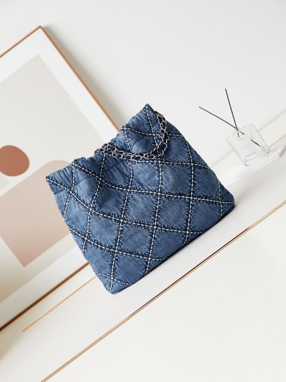 Chanel 22 Hobo Stitched Blue Denim Silver Hardware view 8