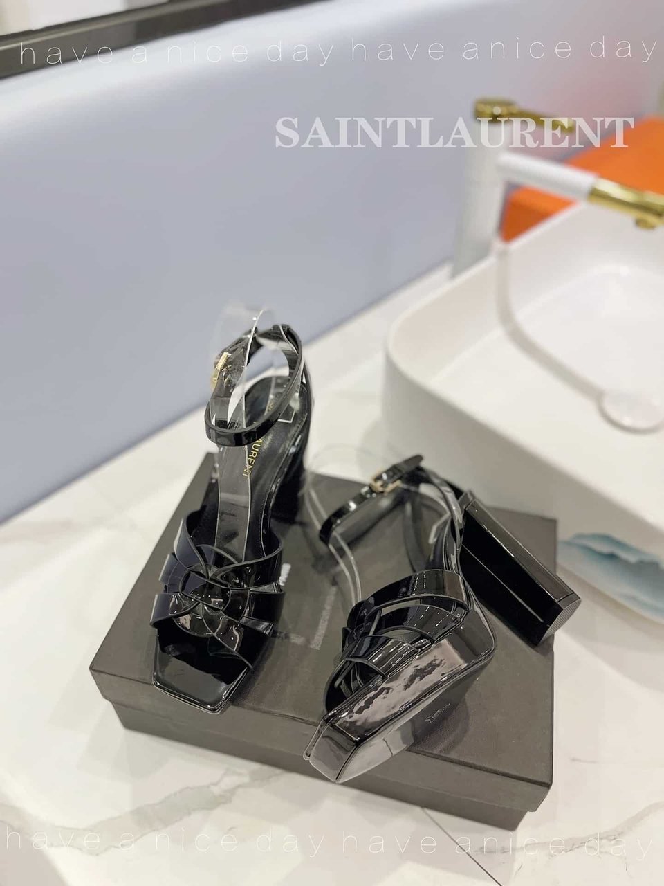 Saint Laurent Tribute Platform Sandals In Patent Leather Black view 3