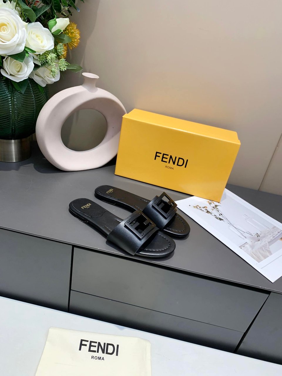 Fendi Signature Leather Sandals Slide Black 0400014271536 view 6